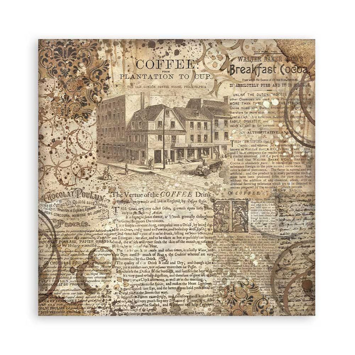 Stamperia - Polyester Fabric 12"X12" - 4/Pkg - Coffee And Chocolate. This fabric can be sewn by hand or machine, or use with craft glue. It can be washed by hand in cold water. Ready to use on greeting cards, mixed media, altered art and more. Available at Embellish Away located in Bowmanville Ontario Canada.