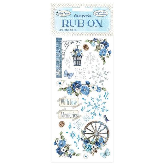 Stamperia - Rub-On 4"X8.5" - Blue Land. Instant beauty on virtually any surface you can imagine. Easy to use rub-on transfers that release onto a wide variety of surfaces allowing for a multitude of decor, furniture and multi-media uses. Available at Embellish Away located in Bowmanville Ontario Canada.