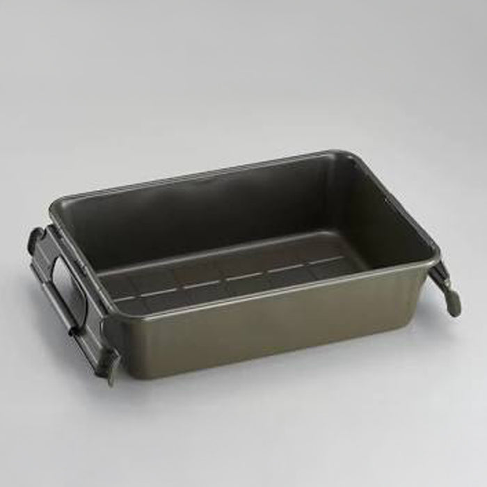 Rectangular military green metal incense tray with foldable side handles, shown empty on a light gray background.