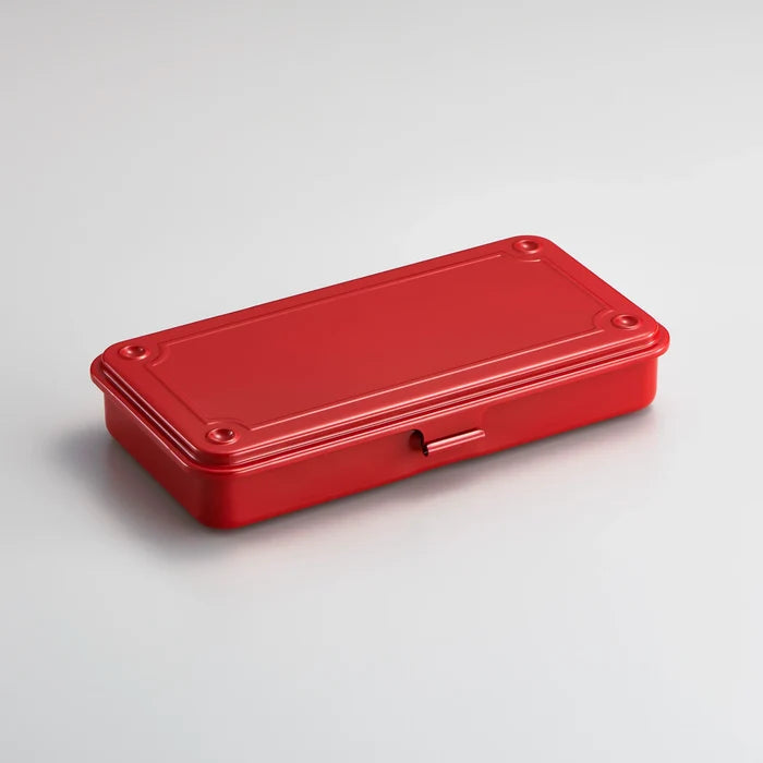 Red metal storage box with hinged lid, shown closed on a light background.