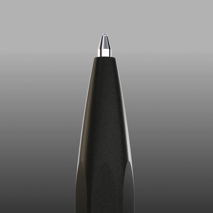 Close-up of a black pen with a metallic cap on a gray background