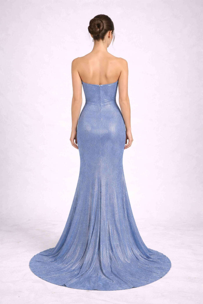 Back view of Luna Dusty Blue Strapless Glitter Dress Jessica Stuart with a slim fit and flowing train, ideal for prom or red-carpet events.