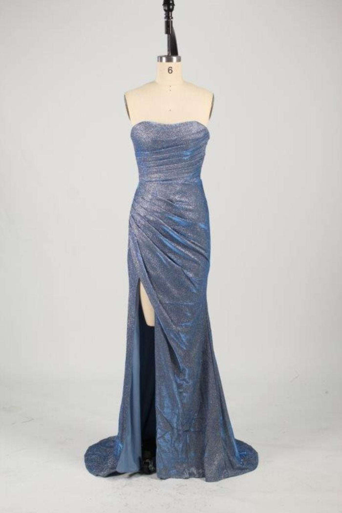 Luna Dusty Blue Strapless Glitter Dress Jessica Stuart displayed on mannequin, highlighting the high leg slit and shimmering texture.