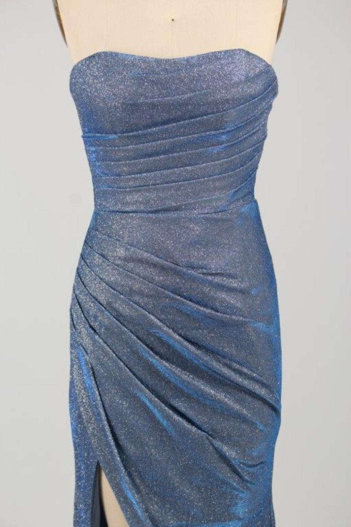 Close-up of pleated bodice and glitter fabric on Luna Dusty Blue Strapless Glitter Dress Jessica Stuart, emphasizing its fitted design.