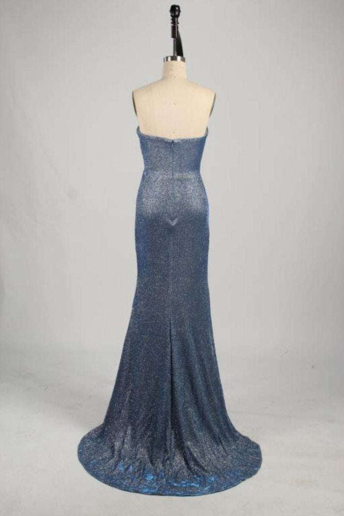 Rear mannequin view of Luna Dusty Blue Strapless Glitter Dress Jessica Stuart showing the sleek back zipper and flowing hemline.