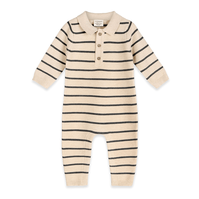 Stripe and Collar Knit Baby Jumpsuit, Organic Cotton