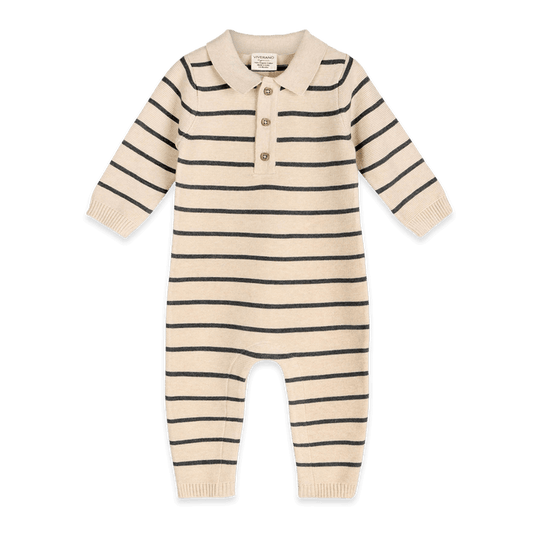 Stripe and Collar Knit Baby Jumpsuit, Organic Cotton
