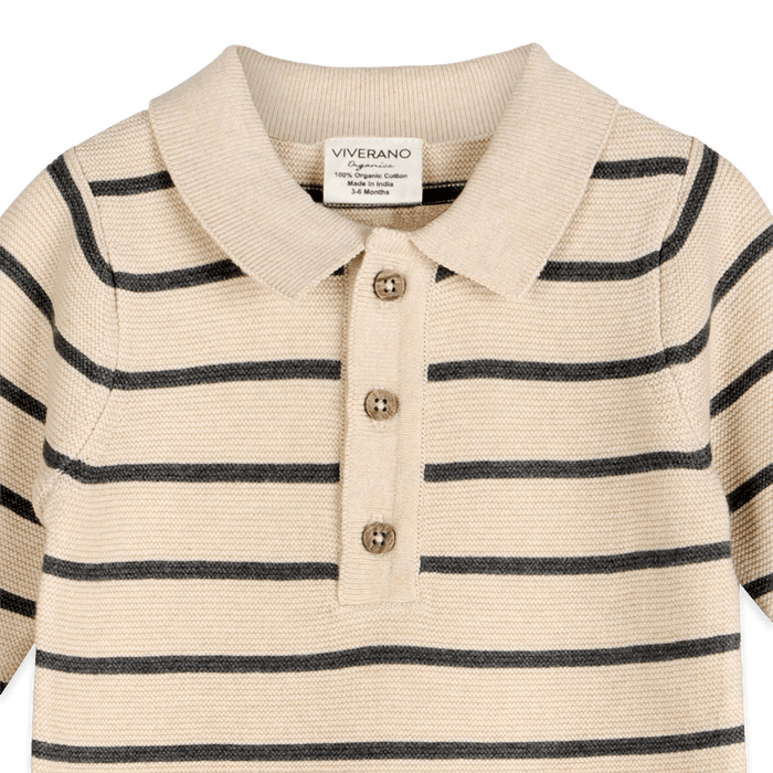 Organic Cotton Stripe and Collar Knit Baby Jumpsuit, Detail