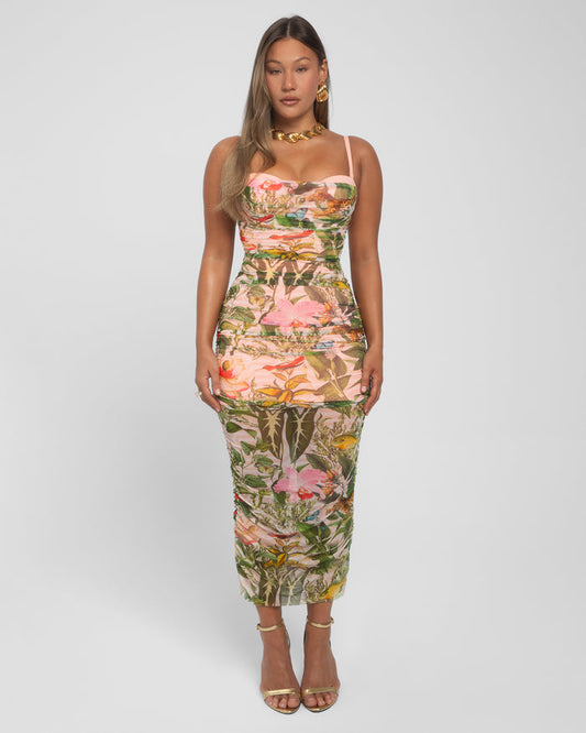 Model wears Sweetie Mesh Column Midi Shapewear Dress - Floral Ambrosia full front view