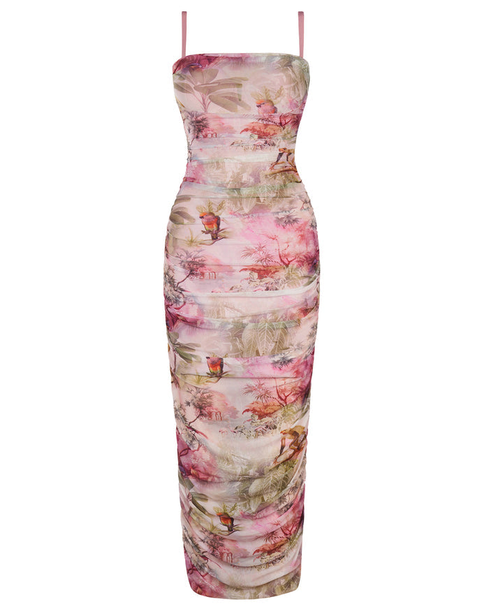 Outline image showing Sweetie Mesh Column Midi Shapewear Dress - Soft Tropical