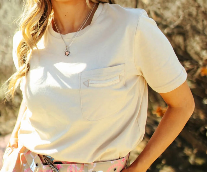 Tan short-sleeve crewneck T-shirt with front chest pocket