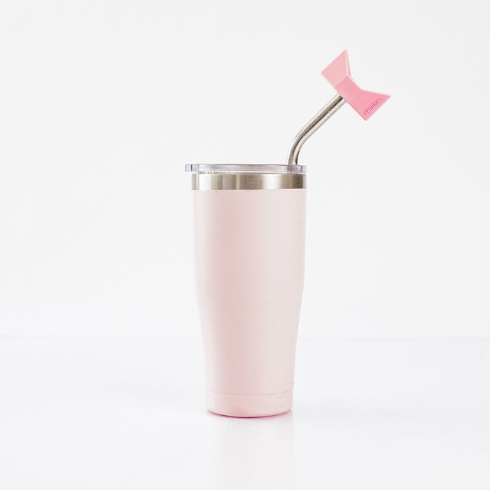 Pink tumbler with a metal straw and a Wrinkie Straw tip on a white background