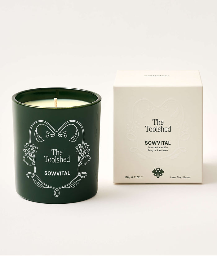 Green candle with decorative design and matching box on a white background