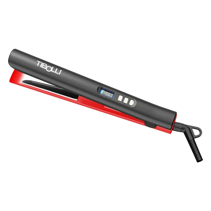 Tibolli Ti22+ Titanium Flat Iron held open at an angle, showing the inner plate, three control buttons and the coiled cord