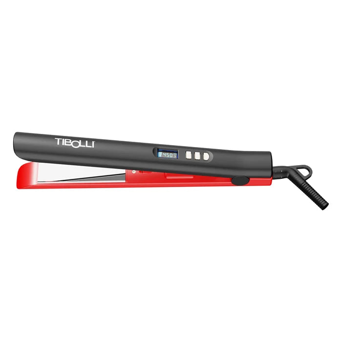 Tibolli Ti22+ Titanium Flat Iron opened wide side-on, the full length of the smooth plates and the swivel cord loop in view