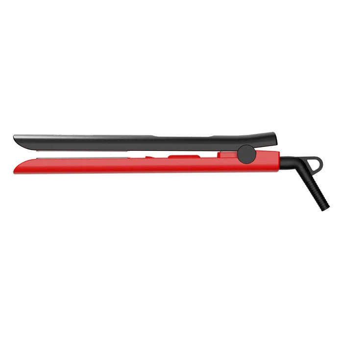 Tibolli Ti22+ Titanium Flat Iron straight-on profile, arms slightly parted, charcoal top arm above the red lower housing