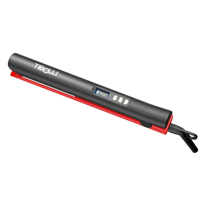 Tibolli Ti22+ Titanium Flat Iron closed, tip angled up to the left, charcoal barrel over red housing, display reading 450°F