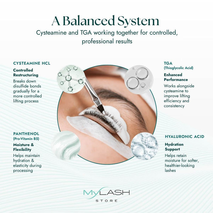 Total  Care lash lift & brow lamination system main ingredients graphics on a white background