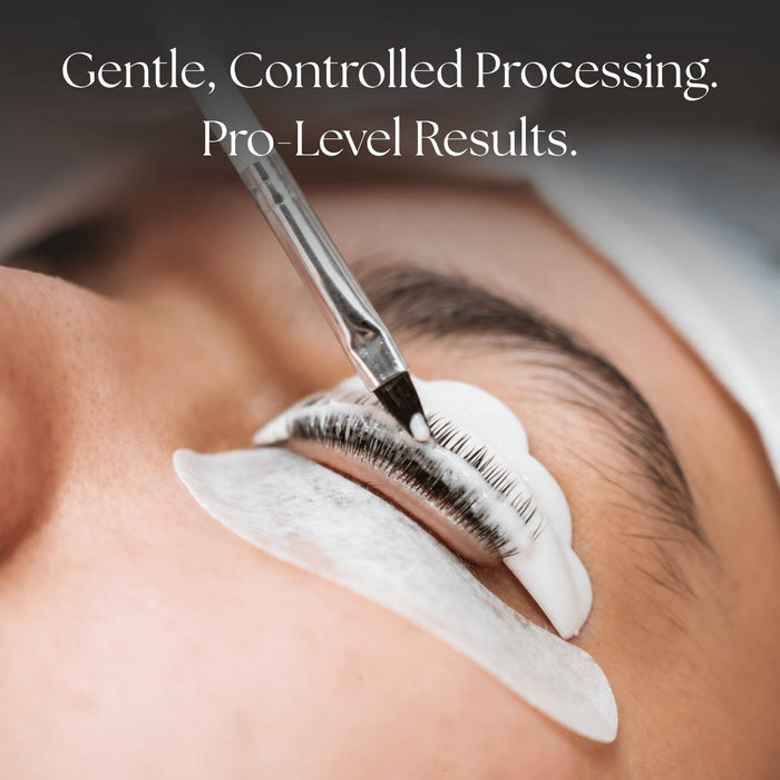 Lash Lift process with text 'Gentle, Controlled Processing. Pro-Level Results.'