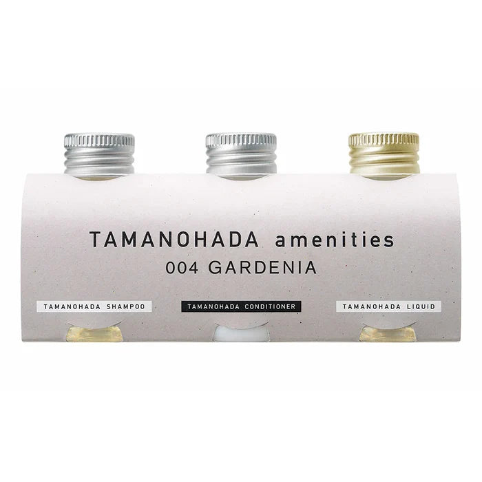 Tamanohada amenities set with three bottles on a white background