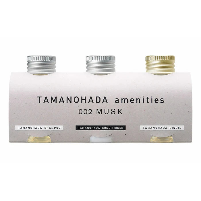 Tamanohada amenities set with three bottles on a white background