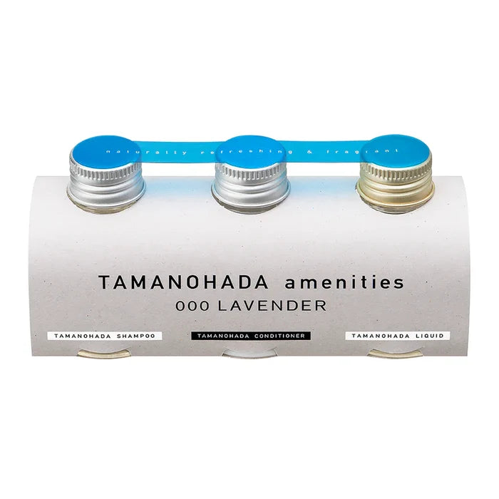 Tamanohada amenities set with three bottles on a white background