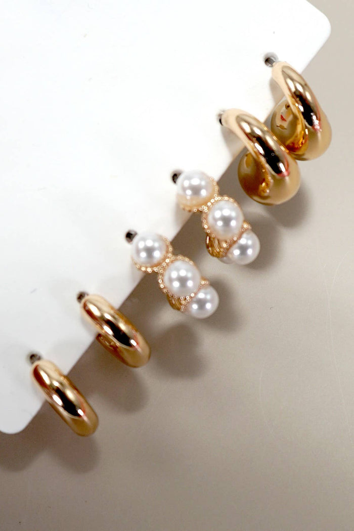 TRIO HUGGIE PEARL GOLD HOOP EARRINGS | Gold