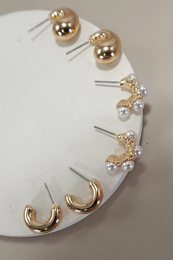 TRIO HUGGIE PEARL GOLD HOOP EARRINGS | Gold
