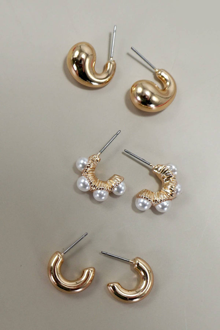 TRIO HUGGIE PEARL GOLD HOOP EARRINGS | Gold