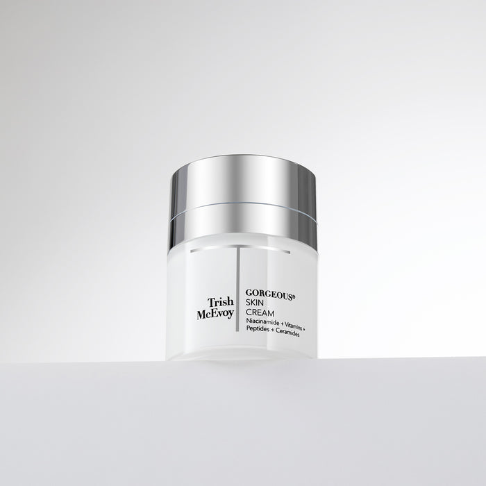 Trish McEvoy skincare jar on a light gray background