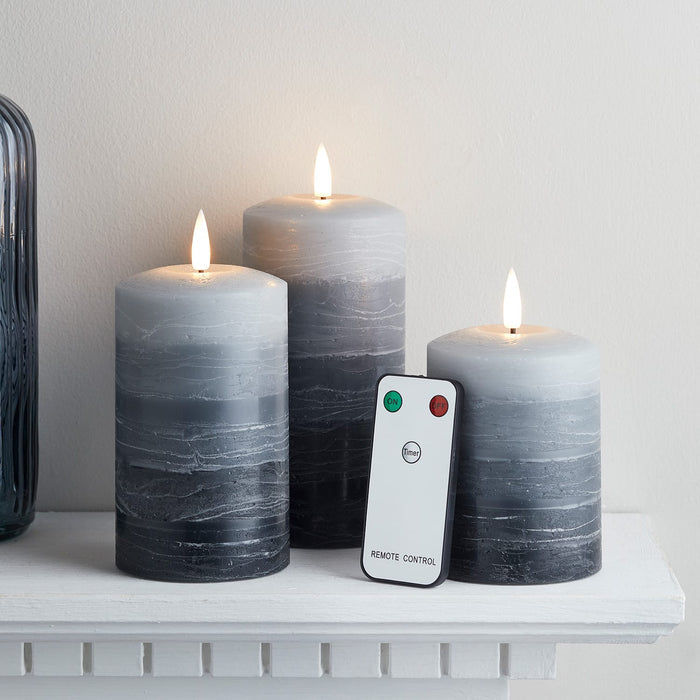 TruGlow® Stacked Grey LED Pillar Candle Trio with Remote Control
