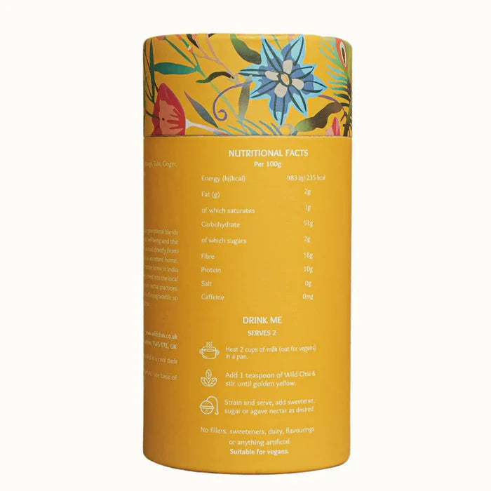 Yellow cylindrical container with floral design on top, containing nutritional facts and instructions.