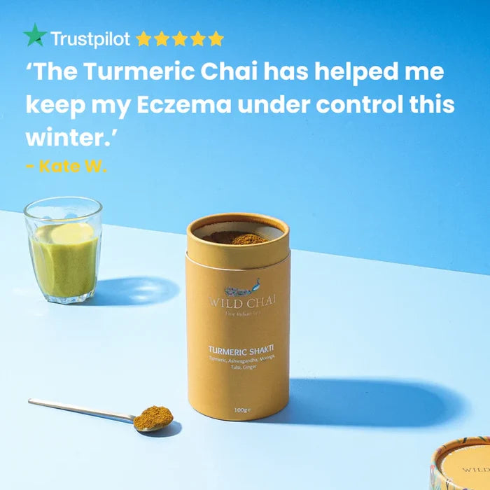 Turmeric Chai product with a glass of turmeric shake and spoon on a blue background, featuring a Trustpilot review.