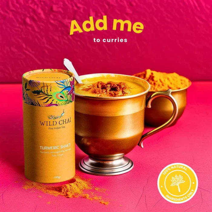 Wild Chai Turmeric Shake packaging with a cup of turmeric shake on a pink background