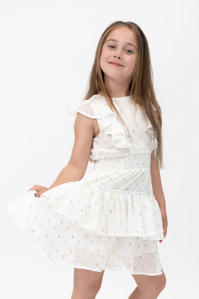 Tweenstyle Gold Pattern Smocked Waist Dress