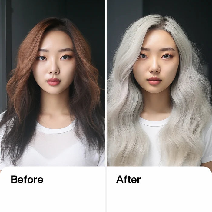 GK Hair's model showing her hair before and after using GK Hair's Ultra Blonde Bombshell Masque