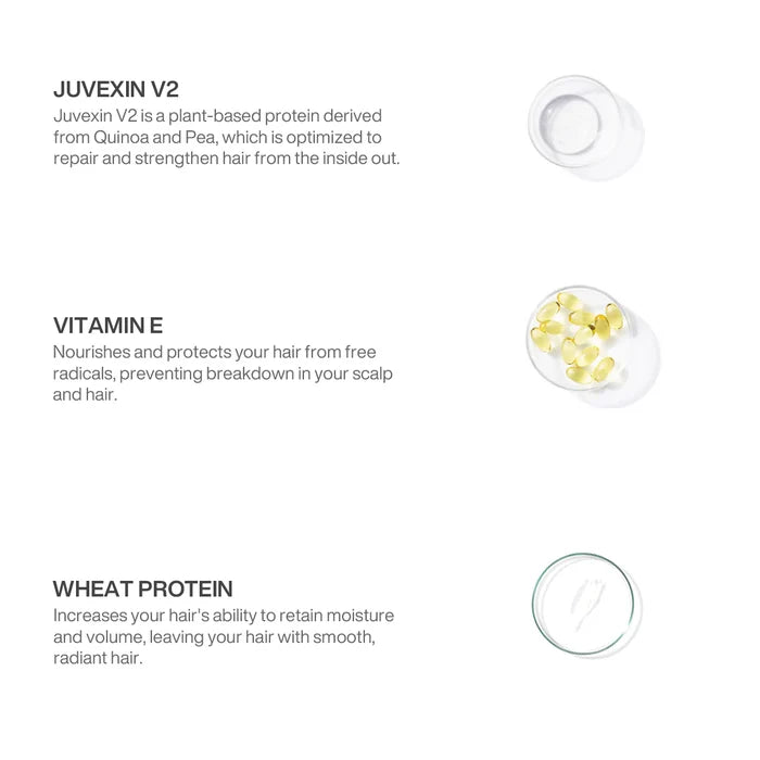 GK Hair UltraBlonde Bombshell Masque Ingredient that Contains Juvexin V2, Vitamin E and Wheat Protein in a white background