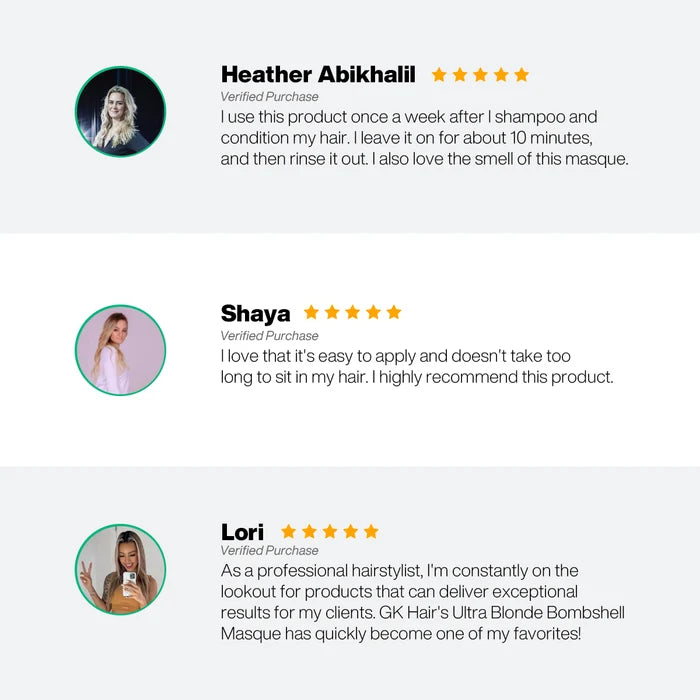 Three glowing reviews praise "Ultra Blonde Bombshell Masque" for its effectiveness on all hair types.