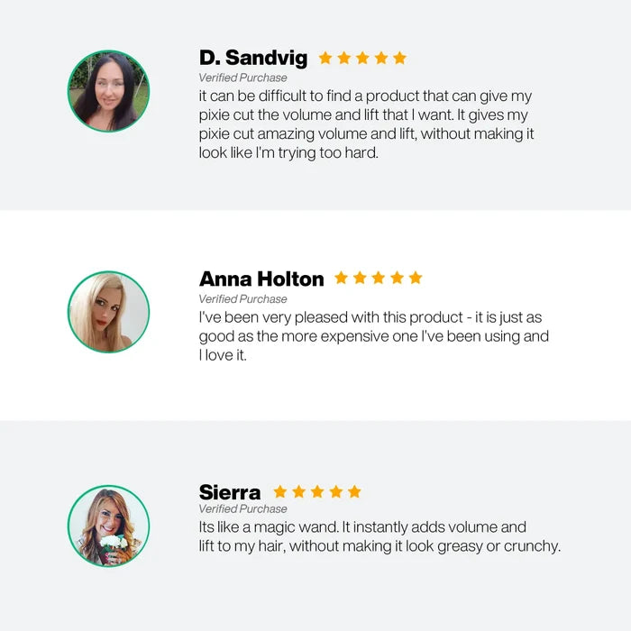 Three five-star Verified Purchase reviews from D. Sandvig, Anna Holton and Sierra praising instant volume and lift