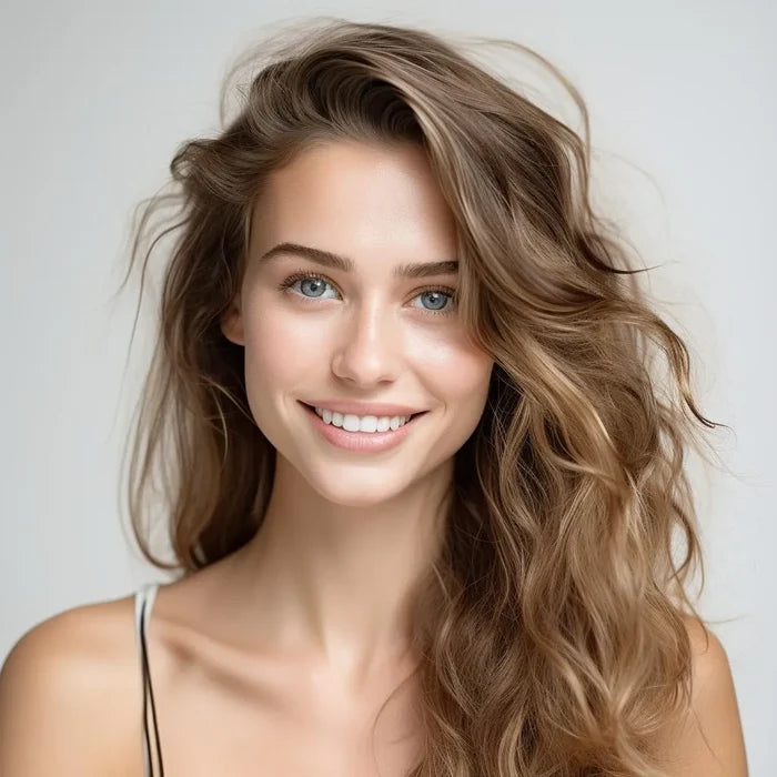 Smiling woman with long, voluminous wavy light brown hair falling over one shoulder against a plain gray studio background