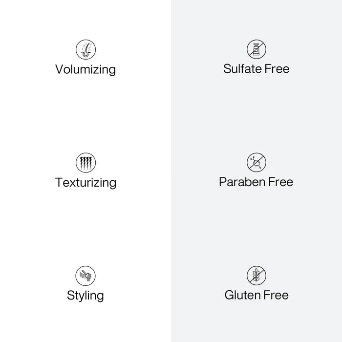 Feature icon panel listing Volumizing, Texturizing, Styling, Sulfate Free, Paraben Free and Gluten Free