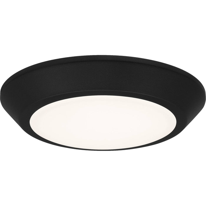 Earth black flush-mount ceiling light, by Quoizel, for hallway, bedroom, or entryway