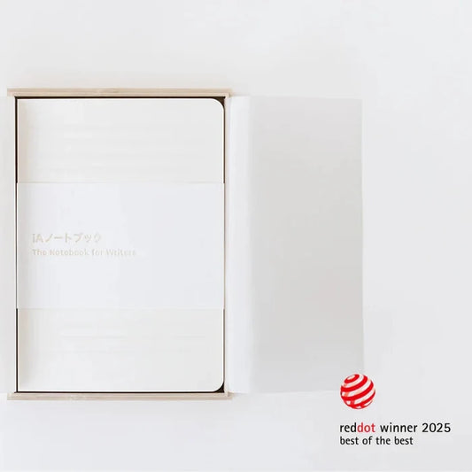 White product packaging with gold text on a light gray background, featuring Red Dot Award logo.