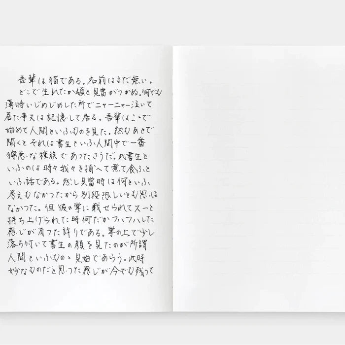 Open notebook with handwritten text on white background