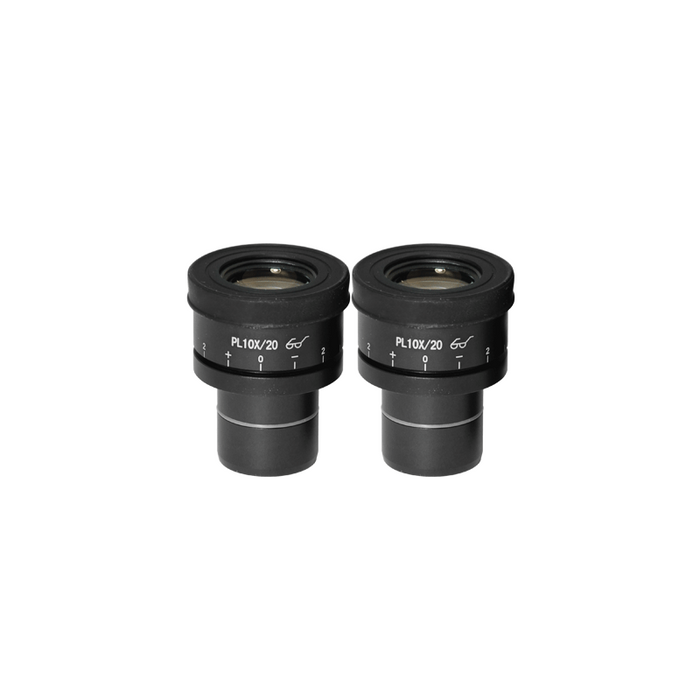 WF 10X Widefield Focusable Microscope Eyepieces, High Eyepoint, 30mm, FOV 20mm, Adjustable Diopter (Pair), SKU BM05102221, three quarter front view