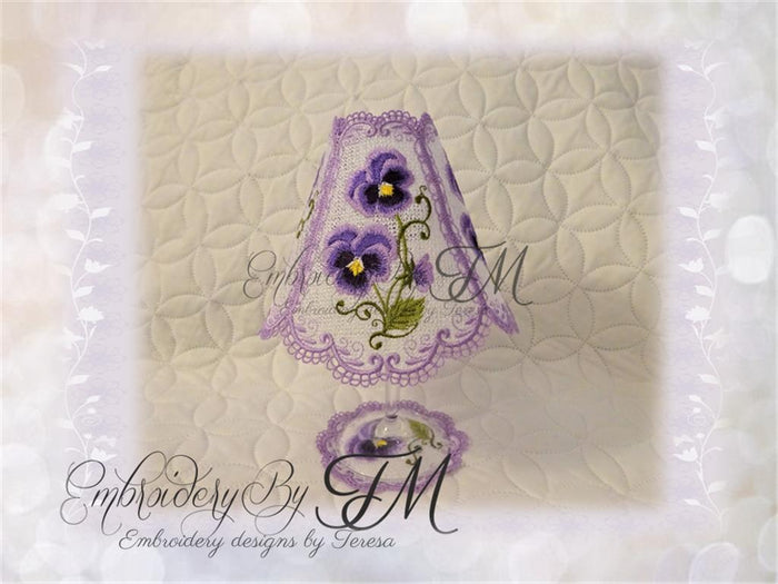 Wine glass shades with Pansies + two sizes coasters