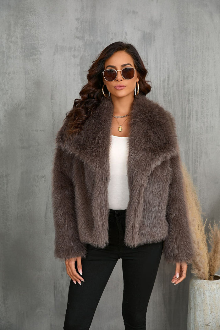 Winter Plush Coat Fashion Warm Thicken Fluffy Lapel Jacket Outwear Casual Long Sleeve Tops Womens Clothing