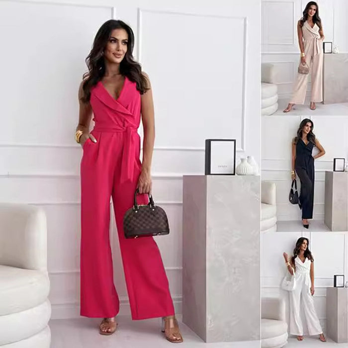 Women's Belted Jumpsuit - V-Neck Sleeveless Summer Romper