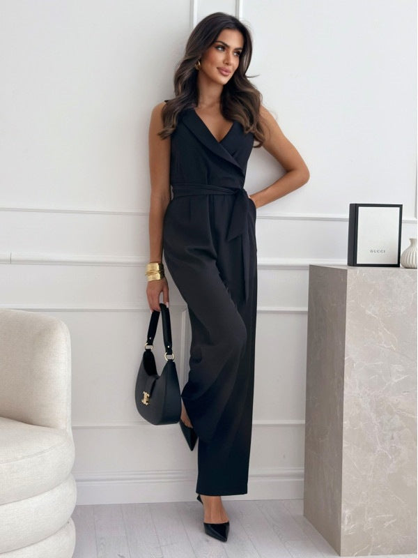 Women's Belted Jumpsuit - V-Neck Sleeveless Summer Romper