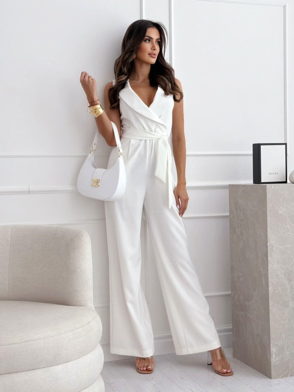 Women's Belted Jumpsuit - V-Neck Sleeveless Summer Romper